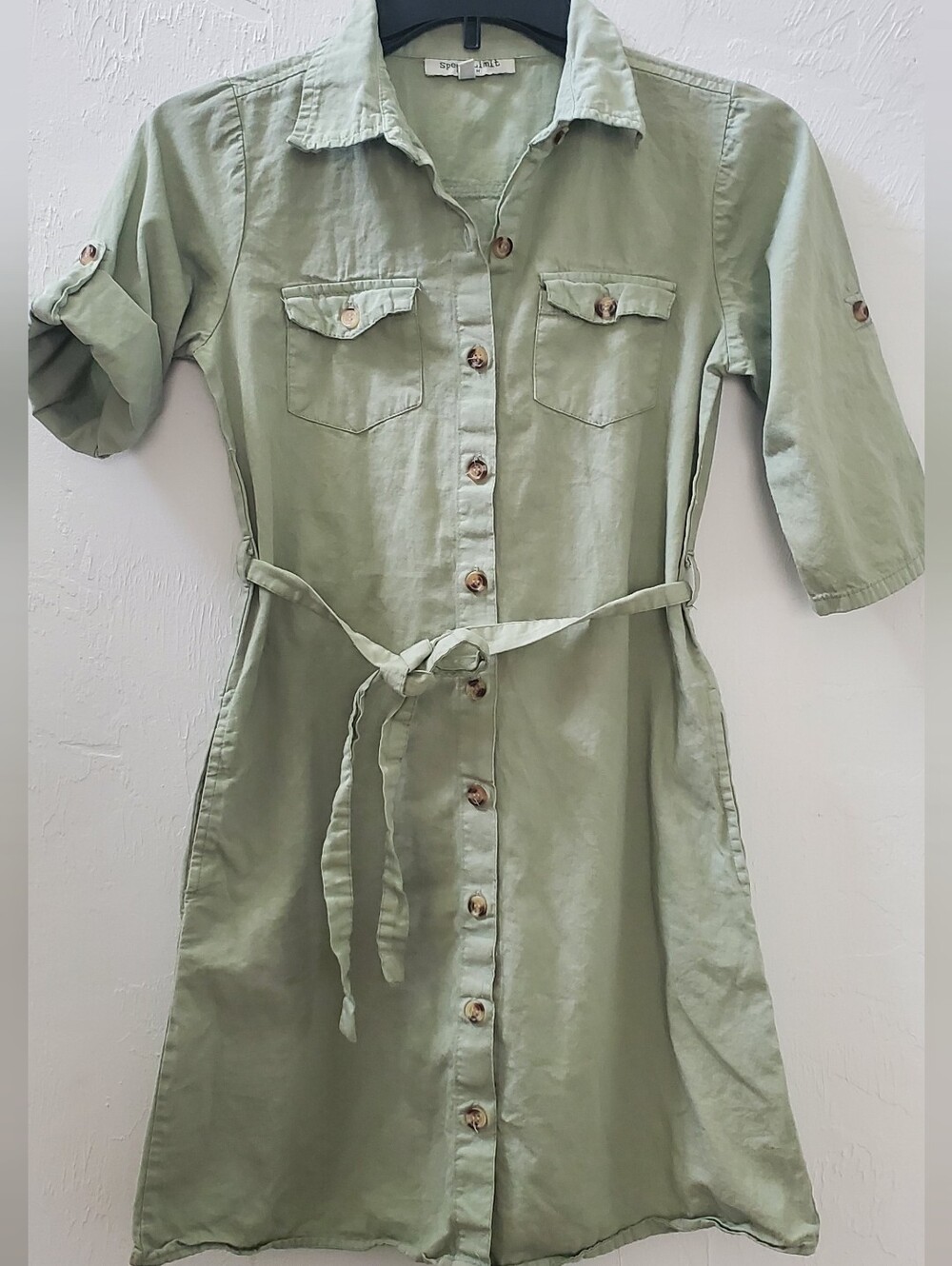 Speed Limit MPH Light Sage Green Button-Front Girls Dress with Waist Tie 10Y